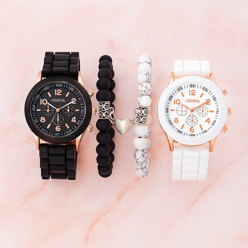 Couple Matching Watch & Bracelet Set (4 Items Total)